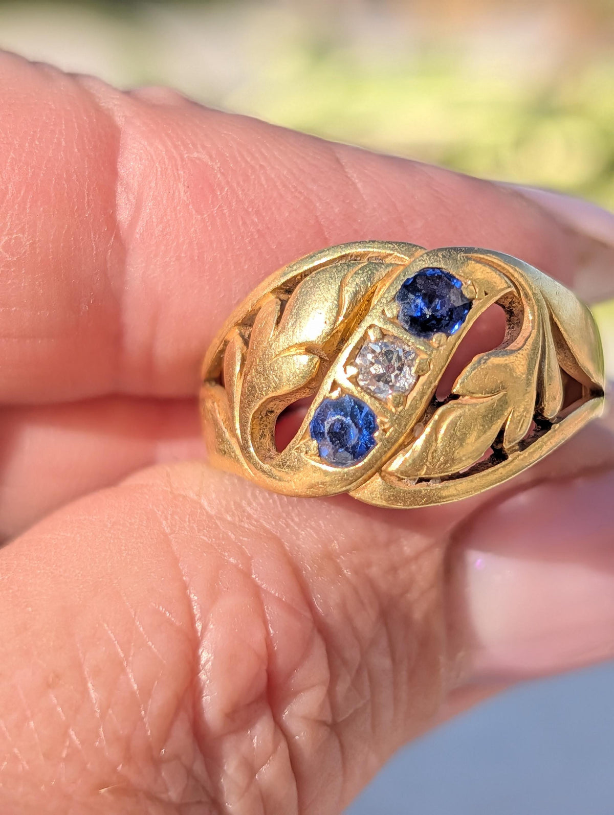 Victorian 1880s Sapphire Diamond Three Stone Ring 19K Gold Laurel Leaf Wide Band Antique US Duty Free HTS 9706