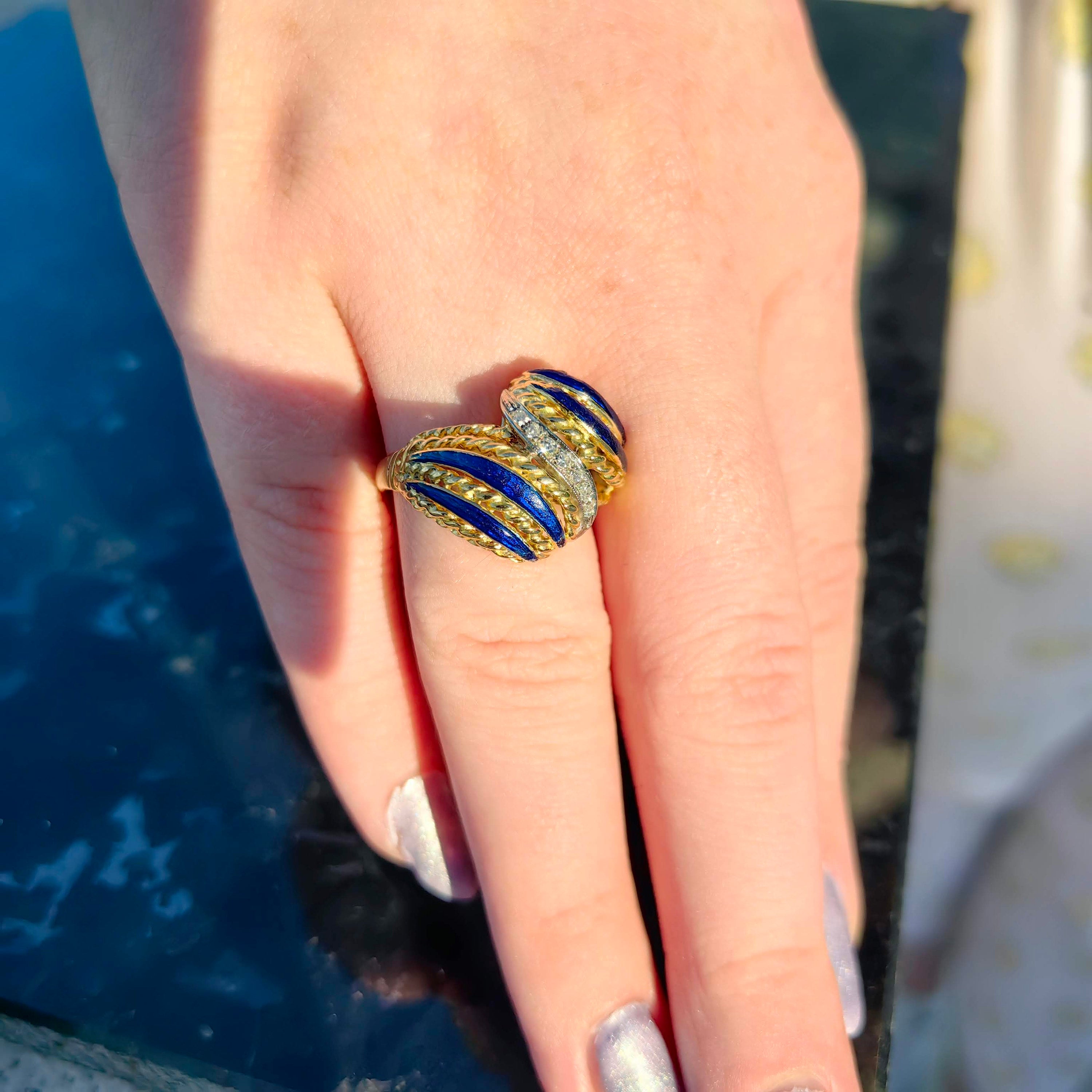 Vintage Antique Diamond Gold Blue Fire Enamel Statement Ring