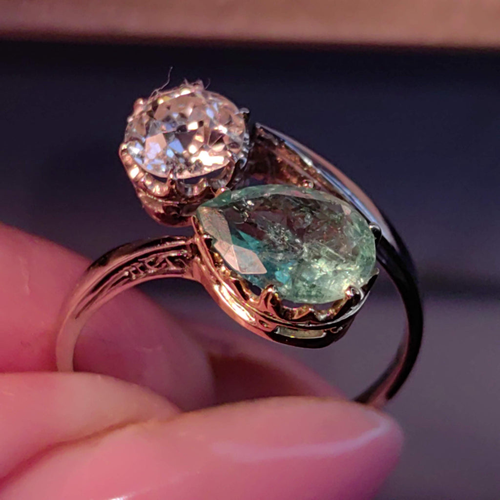 Edwardian Colombian Emerald Diamond Ring: 18k White Gold Antique Engagement Band