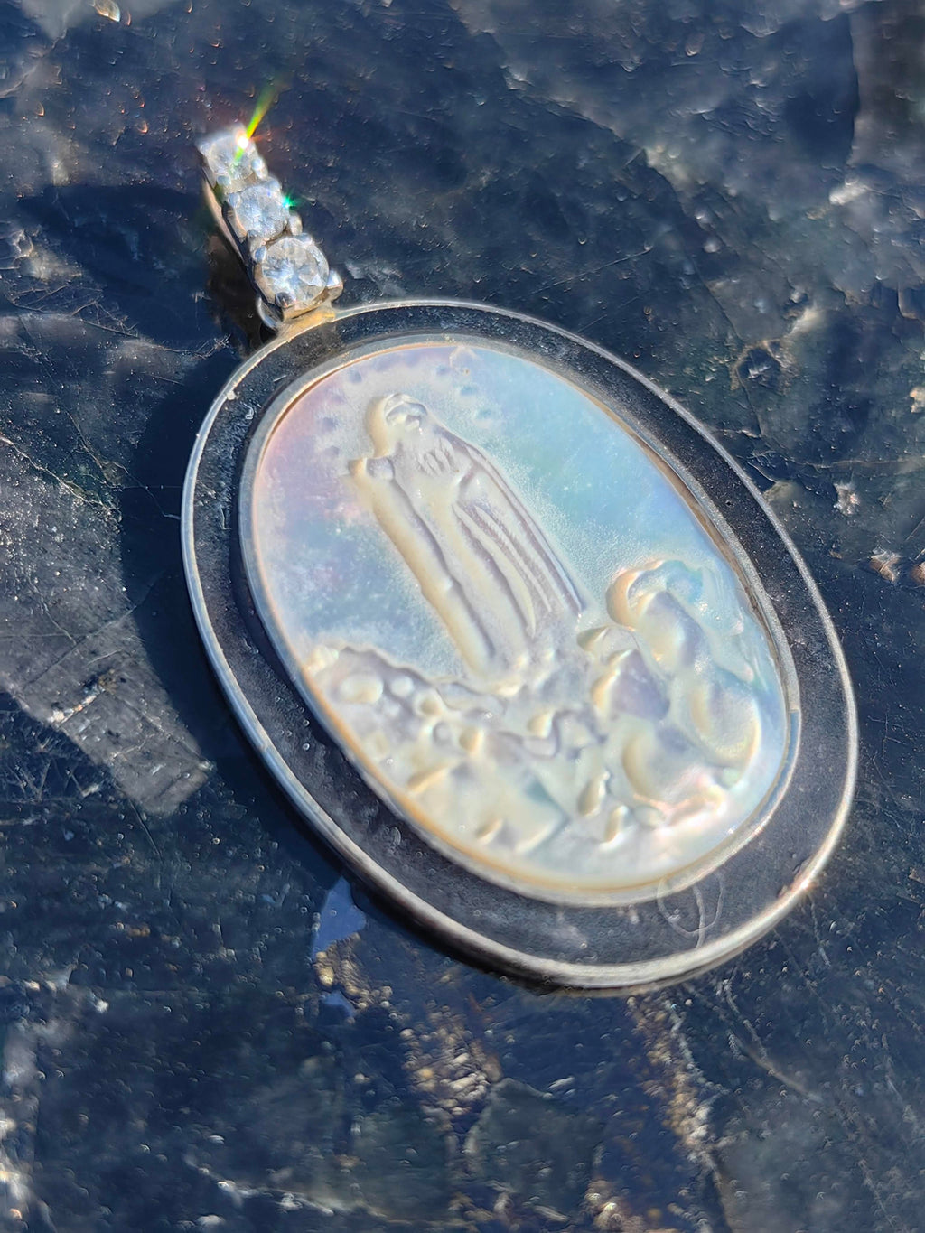 Art Deco 1920s 14k Solid Yellow Gold Jesus Pendant Natural Diamond, Mother of Pearl & Onyx Handmade Gift for her Present