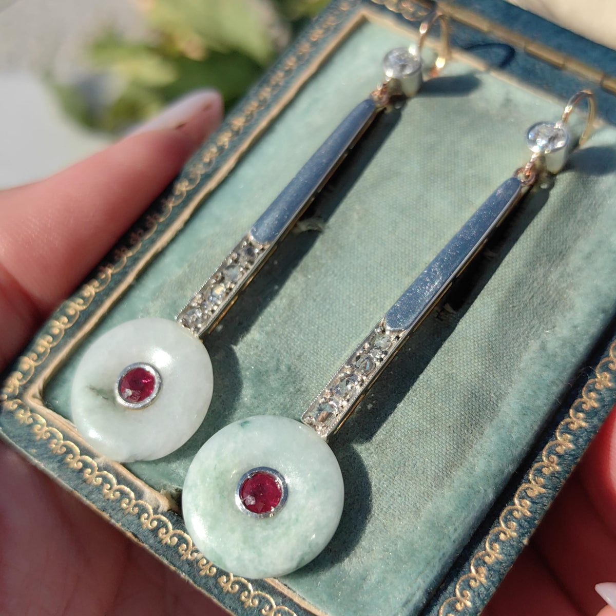 Unic Art Deco white/green Jade Drop Dangle Earrings old cut Diamond Natural Ruby 14k Solid white/yellow Gold ancient Jade discs stunning