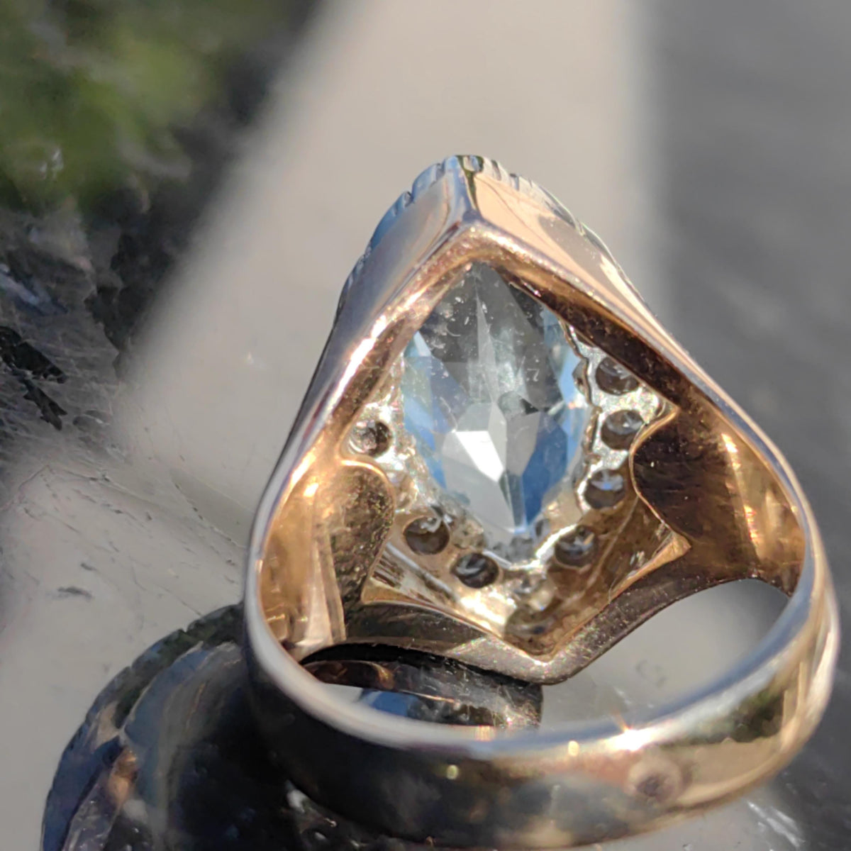 Vintage Art Deco Aquamarine Diamond Ring: 14k Yellow Gold Marquise Cut