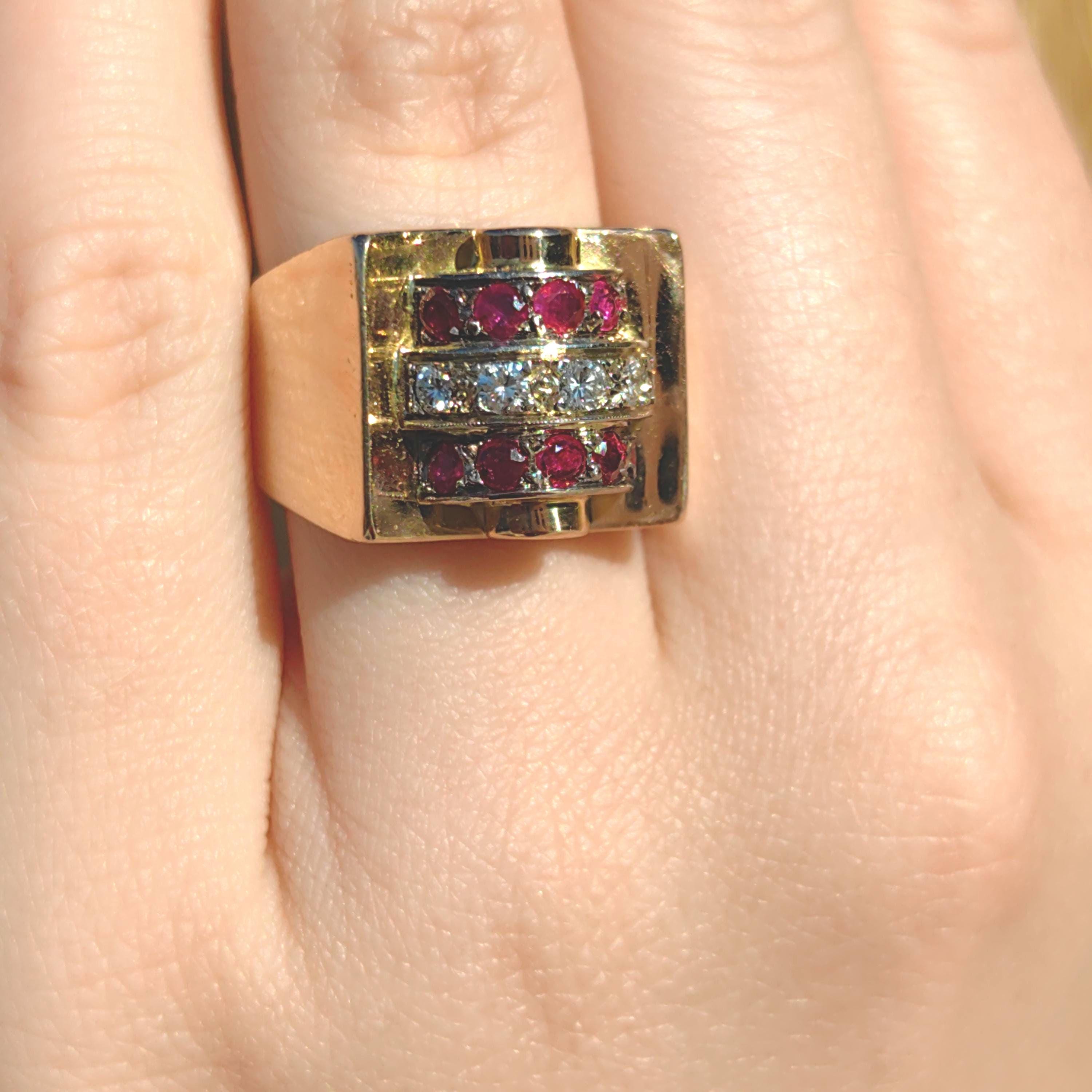 French Art Deco 18k Gold Tank Chevalier Ring: natural Ruby, Diamond Statement Jewelry 1920s luxurious stylish gift, Unisex original antique