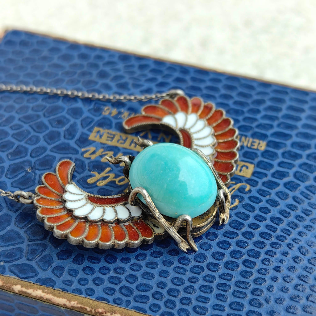 Art Deco Antique Vintage Scarab Ancient Egypt Revival Style Turquoise and Enamel Silver Necklace