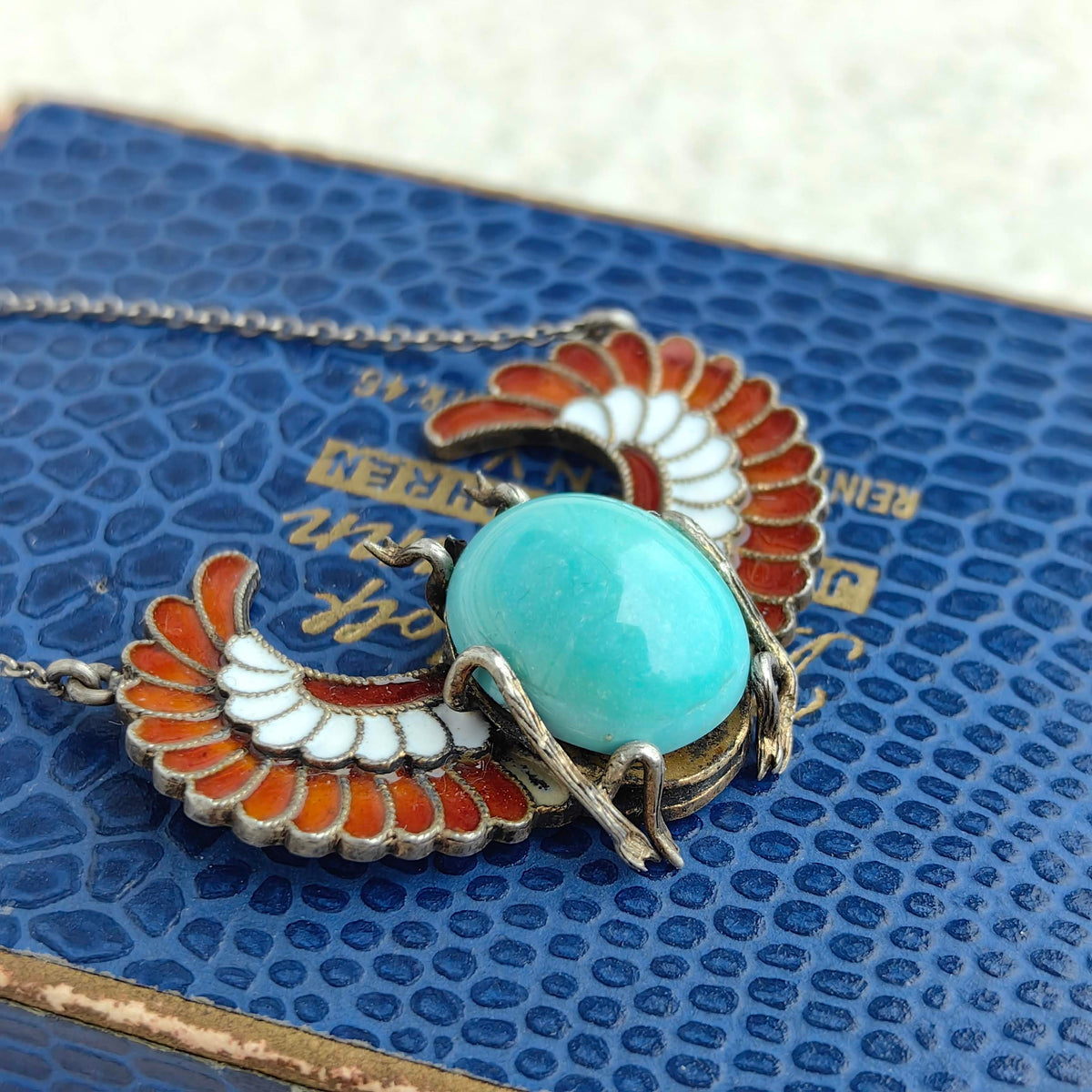 Art Deco Antique Vintage Scarab Ancient Egypt Revival Style Turquoise and Enamel Silver Necklace
