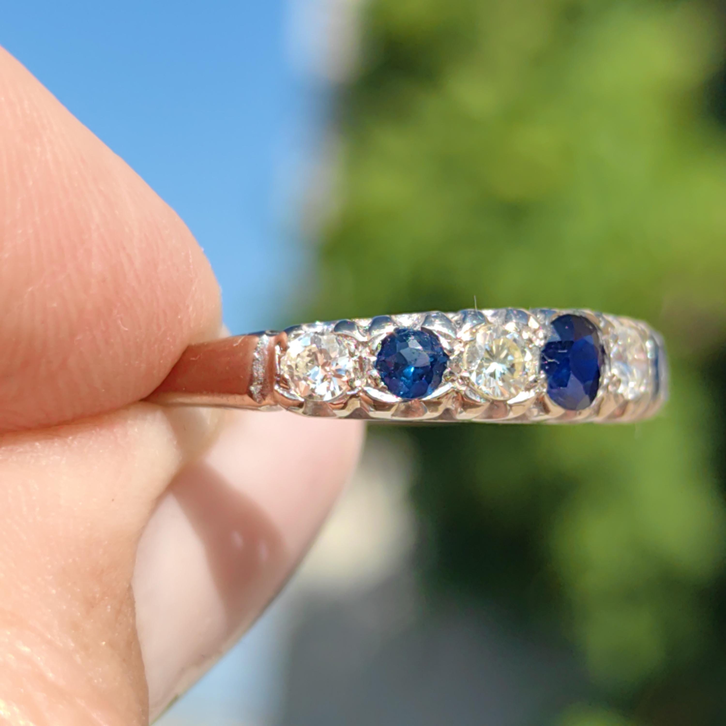 Vintage Sapphire Diamond Band: 18k White Gold Engagement Ring, 1940s