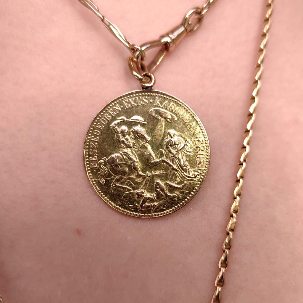 Saint George & Ladislaus 14K Gold Medal Pendant - Vintage Hungarian Coin