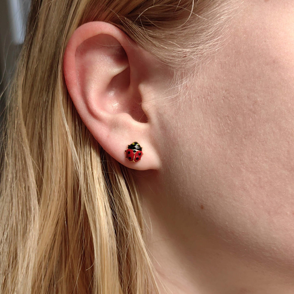 14k Gold Ladybug Stud Earrings: Red & Black Enamel, Retro Dainty Gift