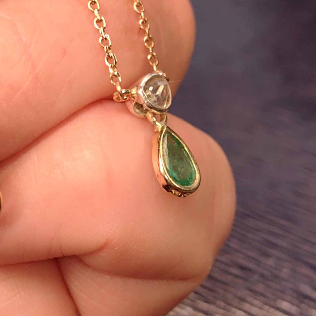 Genuine Emerald & Diamond Necklace Solid 18k Yellow Gold Drop Shaped Antique Vintage Pendant Charm Gift for Her Elegant Dainty Classic chain
