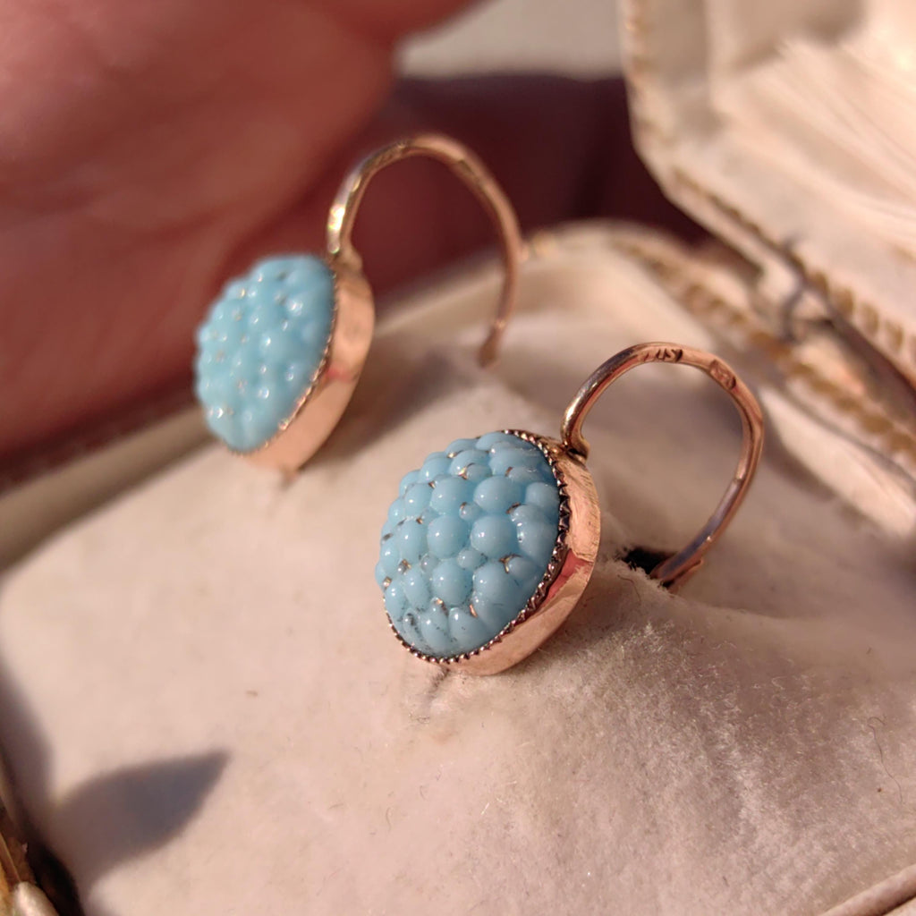 Antique 14k Yellow Rose Champagne Gold Turquoise Porcelain Dormouse Earrings Art Nouveau Floral Design Dangle Earrings