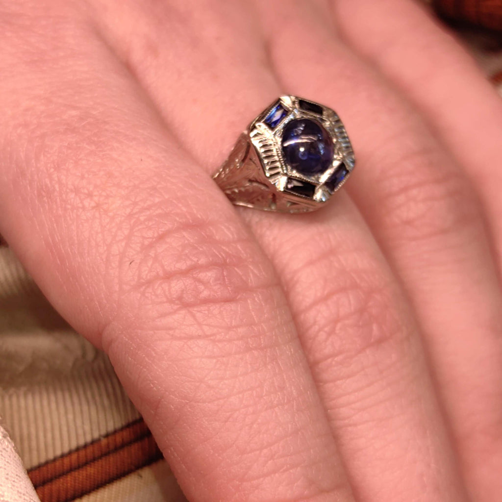 Vintage Art Deco 1920s Edwardian 14k Solid White Gold Natural Blue Star Sapphire Hand Chiselled Elegant Ring Gift for Her Present