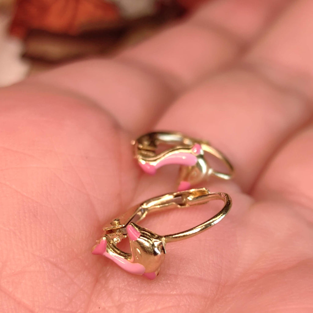 14k Solid Yellow Gold Enamel Pink Dolphin Cute Sleepers Lever Back Earrings, Vintage Ocean Sea Nautical Adorable Jewellery