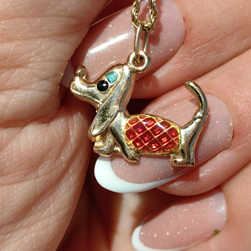 Vintage 14k Solid Yellow Gold Dachshund Dainty Elegant Pendant Hand Painted Fire Enamel Dog Bracelet Charm 1960s Style Necklace Pendant Gift