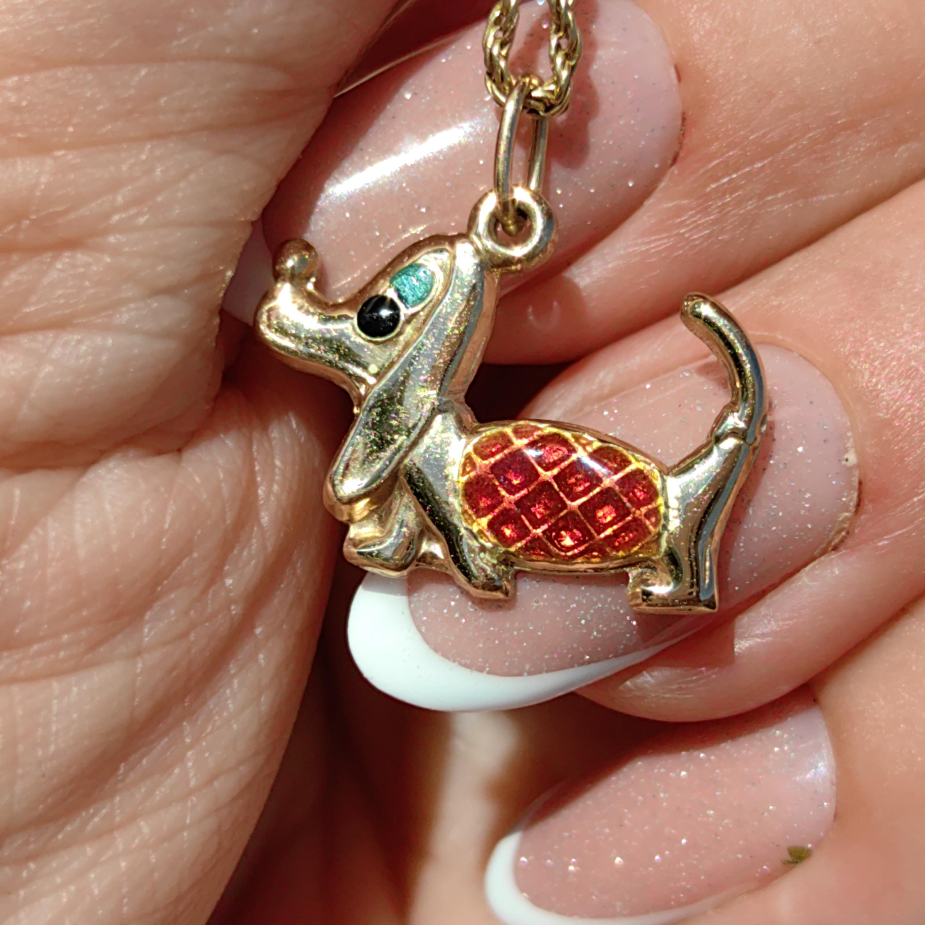 Vintage 14k Solid Yellow Gold Dachshund Dainty Elegant Pendant Hand Painted Fire Enamel Dog Bracelet Charm 1960s Style Necklace Pendant Gift