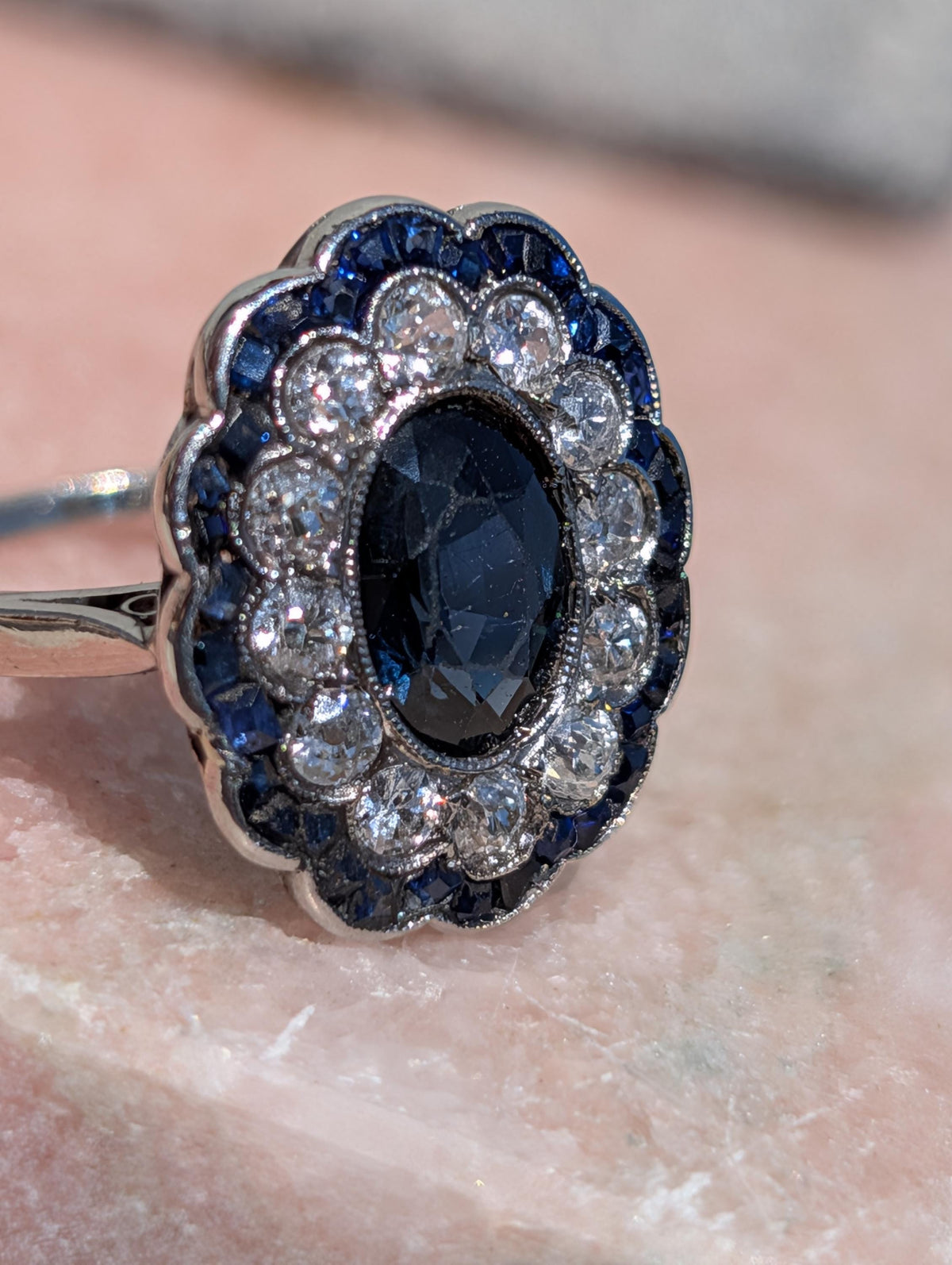 1920s French Art Deco Platinum Sapphire Diamond Ring – European Cut Statement Piece