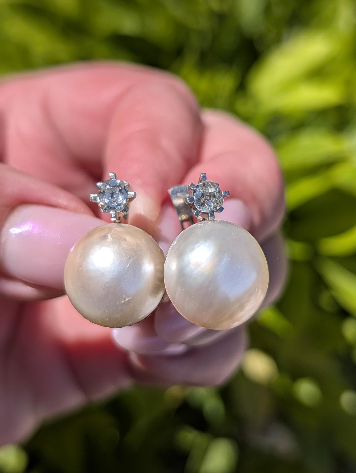 1940s Diamond Mabe Pearl Statement Earrings 18k White Gold Old Mine Cut Diamonds Hallmarked Luxury Fine Jewelry Gift for Her