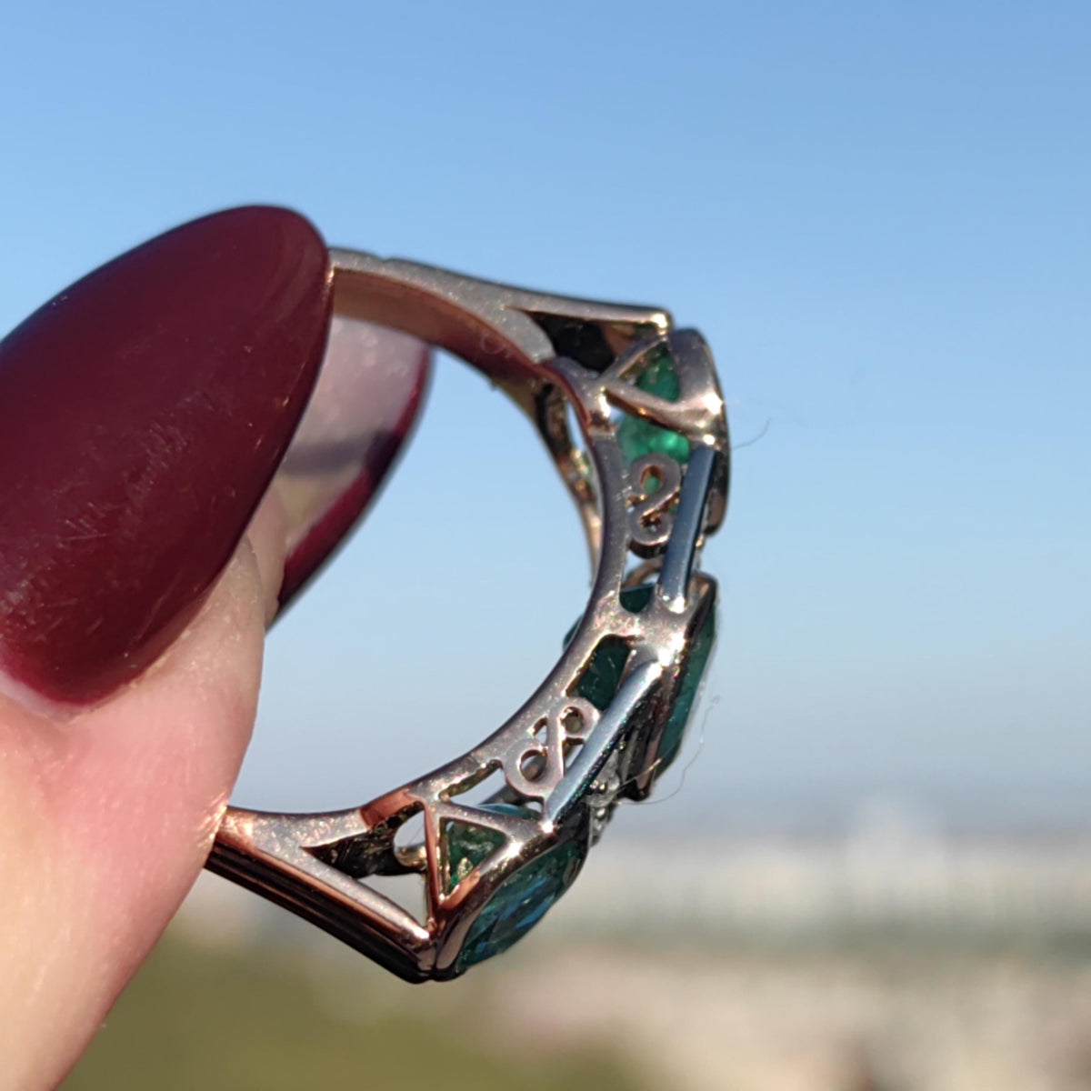 Original Art Deco 1930s Genuine not treated Emerald Three Stone Diamond White solid 14k Gold Chevalier Unisex Antique Vintage Ring