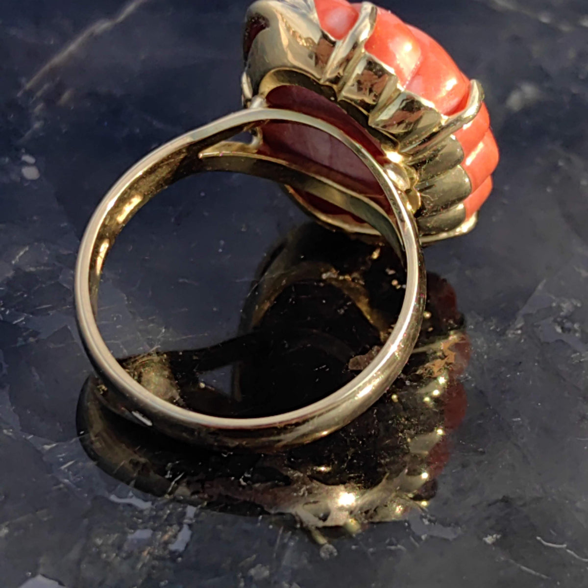 Hand Carved Shell Shaped Red Mediterranean Coral Diamond 18k Solid Yellow Gold Vintage Large  Statement Ring Gift Present