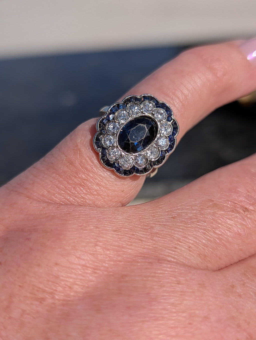 1920s French Art Deco Platinum Sapphire Diamond Ring – European Cut Statement Piece