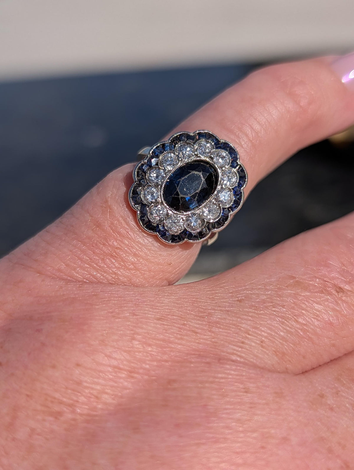 1920s French Art Deco Platinum Sapphire Diamond Ring – European Cut Statement Piece