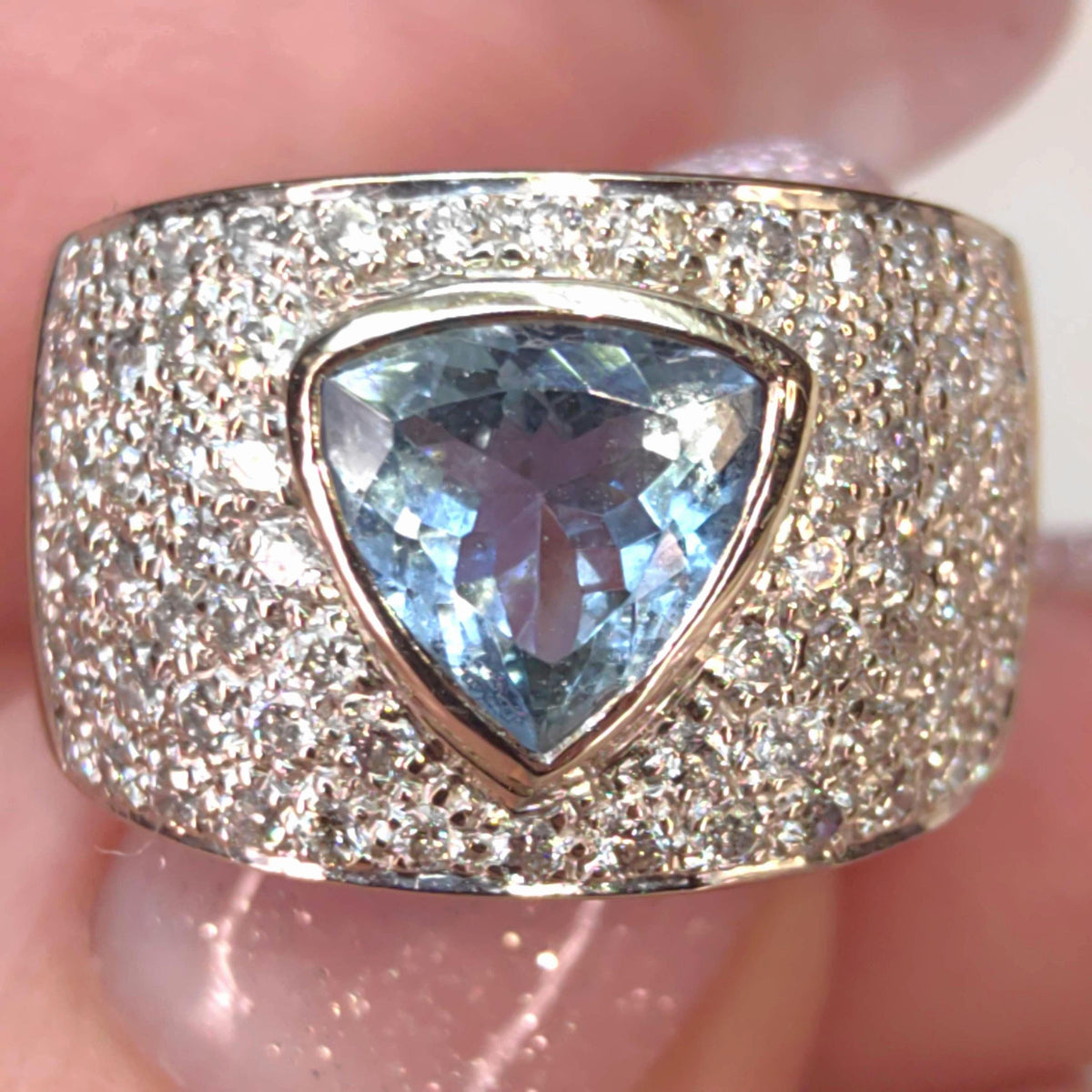 Aquamarine Trillion Diamond 18k White Gold Statement Ring, Geometric Unisex Band