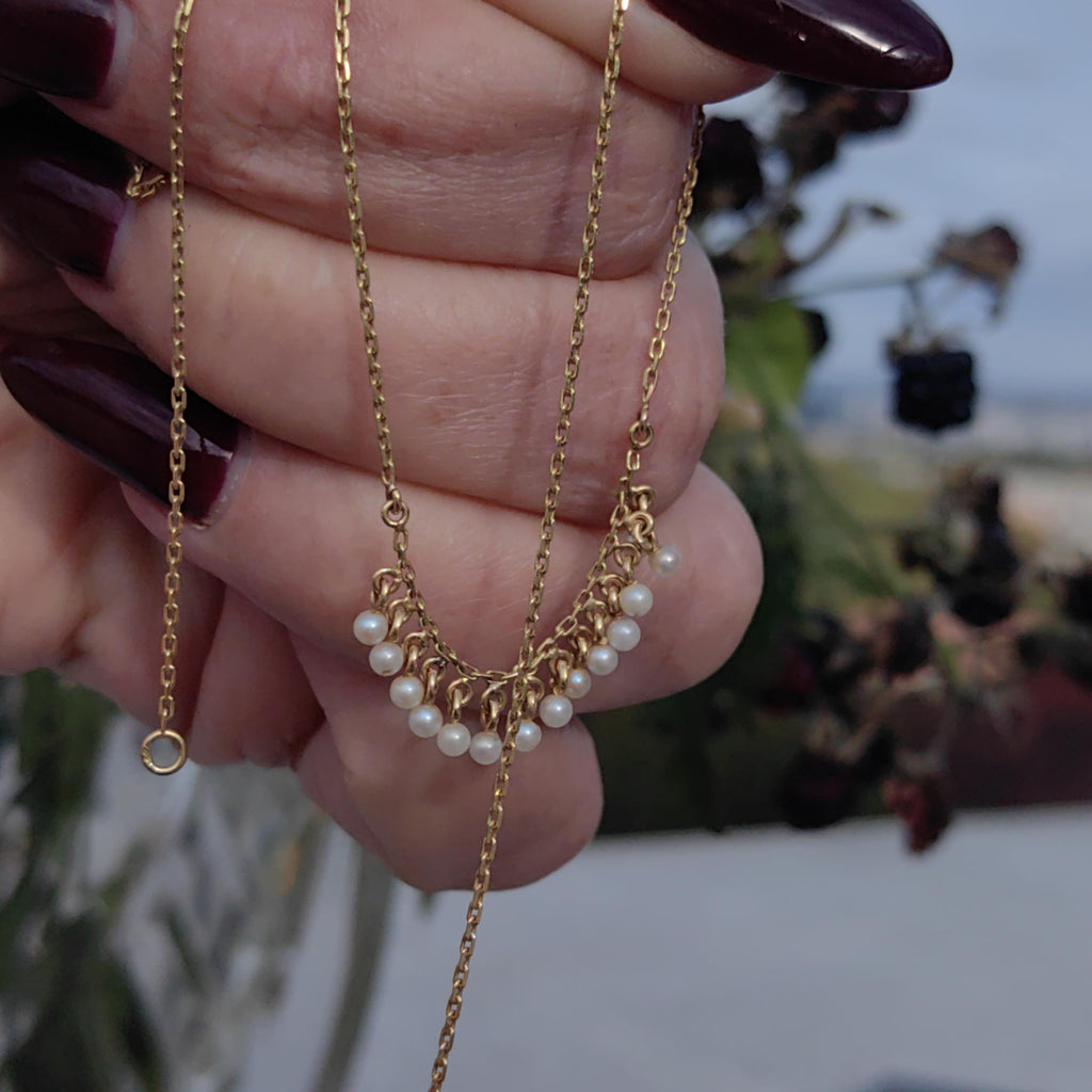 Victorian 1890s French Vintage Solid Yellow Gold Dainty Small Natural Gris Pearl Beaded Chain Necklace Elegant Antique Necklace