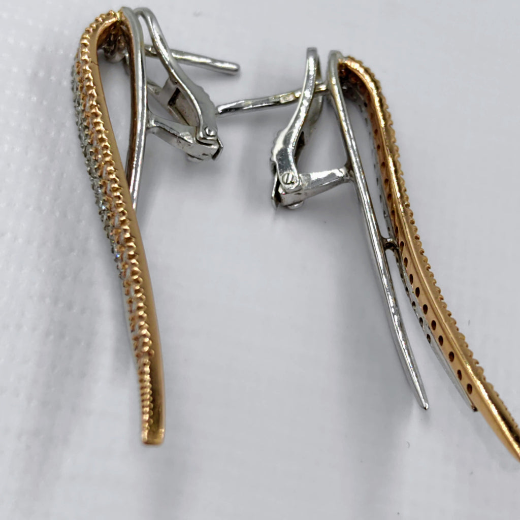 Diamond and 18k Hallmarked Yellow and White Gold Long Elegant Stud Earrings