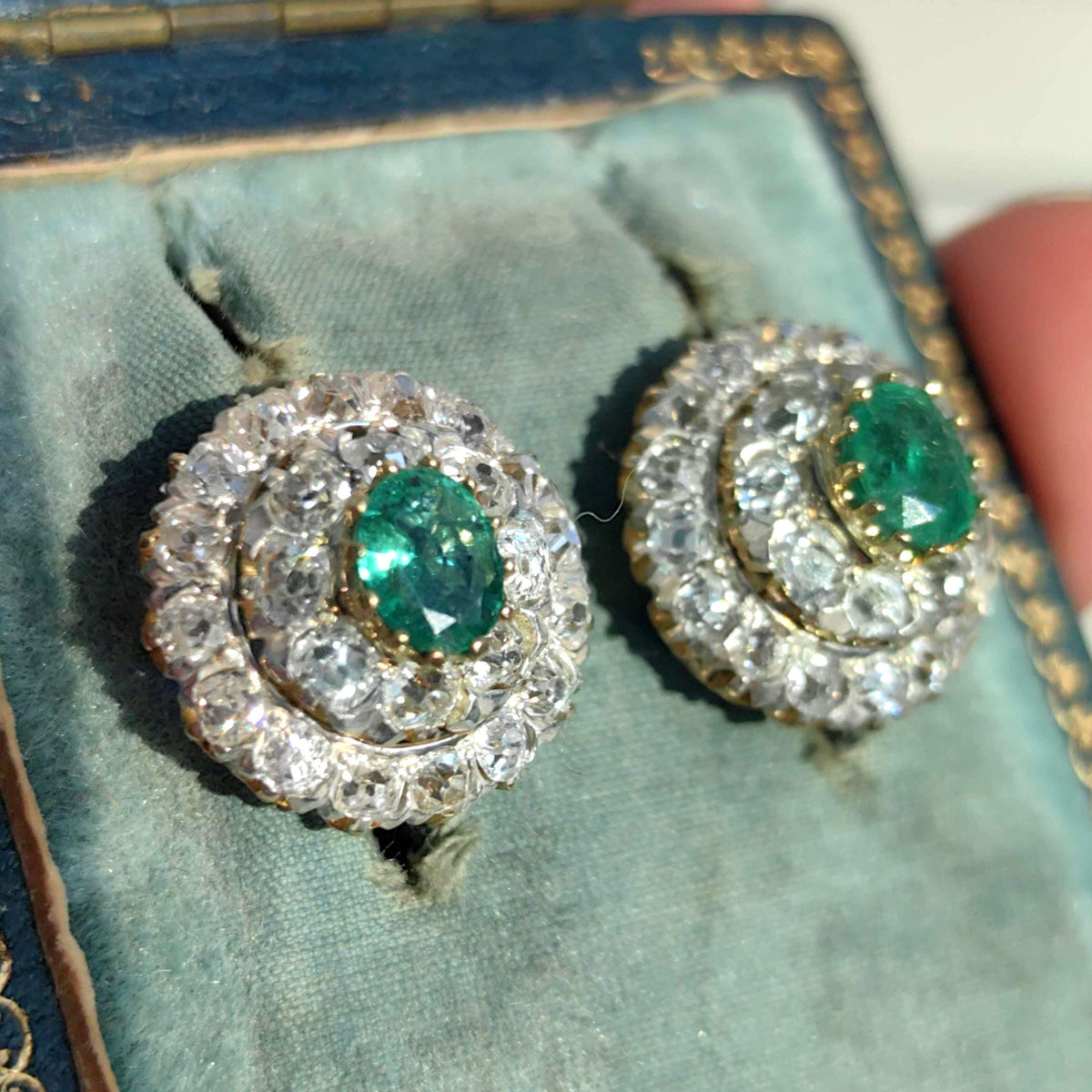 Victorian 1890s Vintage Diamond Emerald Solid 18k Hallmarked Yellow Gold Round Statement Elegant Earrings Latch Back Closure Gift for Her