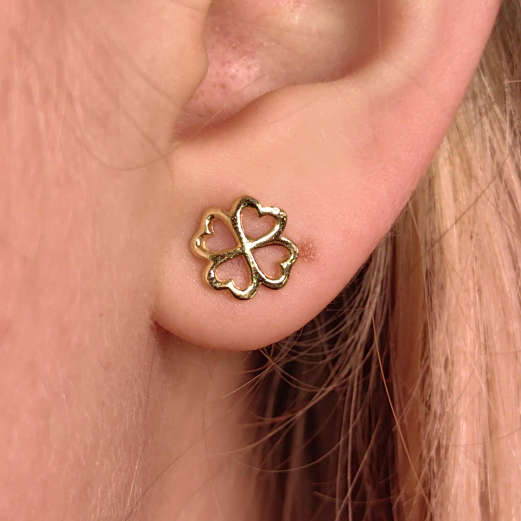 Clover Vintage 14k Solid Yellow Gold Elegant Openwork Design Dainty Stud Earrings  Push Back Closure Earrings Gift for Her Present