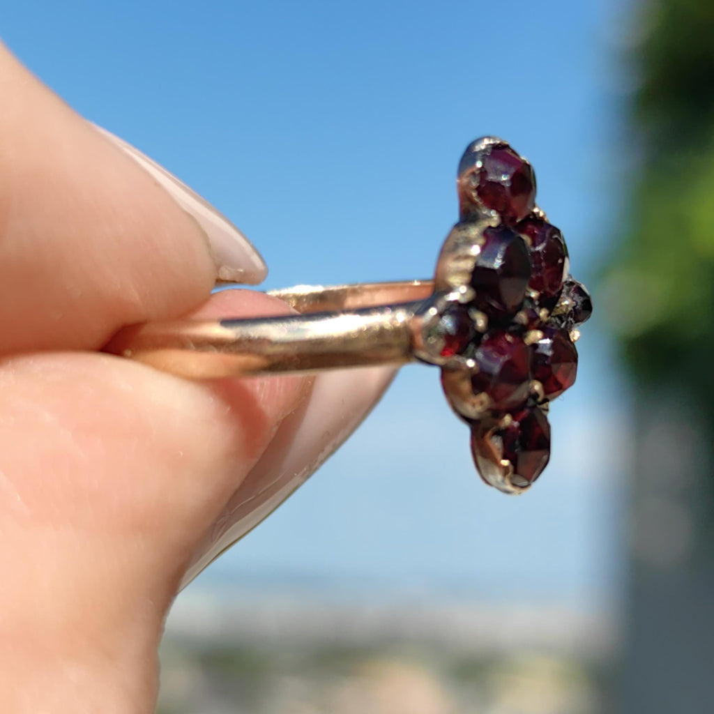 Antique 14k Yellow Gold Garnet Ring: Hand-Chiseled Floral Design