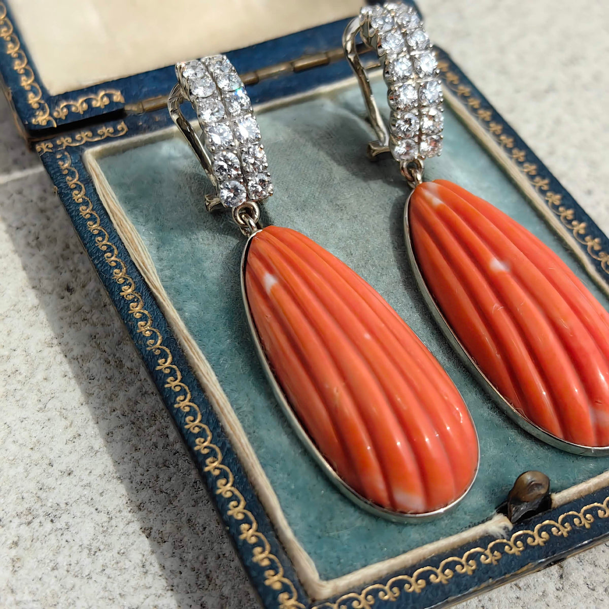 Vintage 1960s Natural Coral Diamond Dangle Earrings, 18K White Gold, 1.96ct, Carved Coral