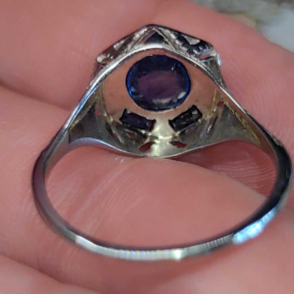 Vintage Art Deco 1920s Edwardian 14k Solid White Gold Natural Blue Star Sapphire Hand Chiselled Elegant Ring Gift for Her Present