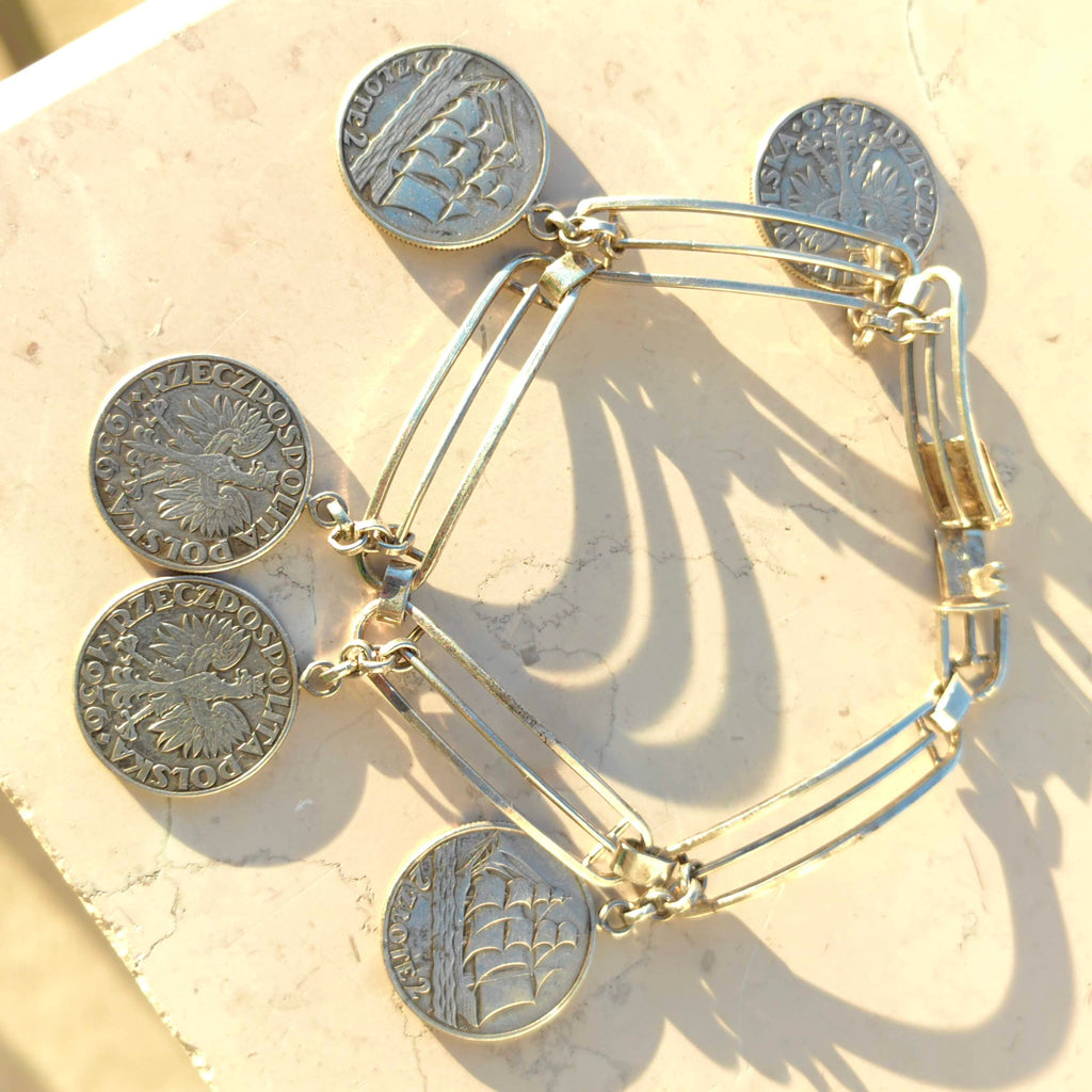 Vintage Sterling Silver Polish Ship Coin Charm Bracelet: Nautical Jewelry