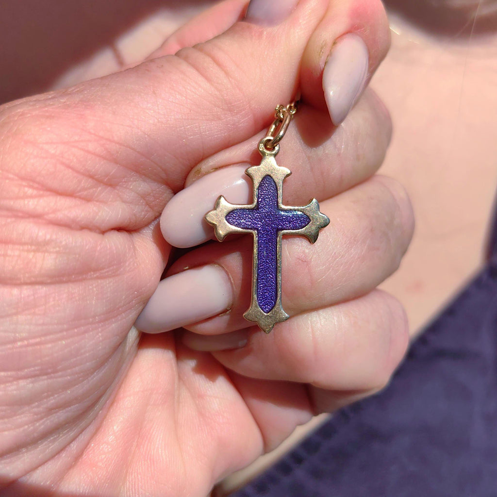 14k Yellow Rose Champagne Solid Gold Latin Cross  Catholic Pendant Blue Purple Enamel Christian Jewelry Gift Present