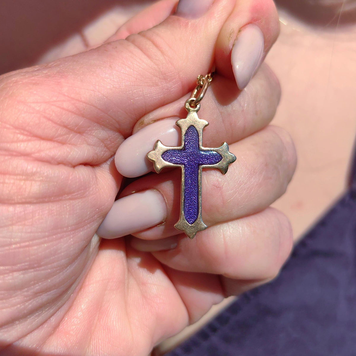 14k Yellow Rose Champagne Solid Gold Latin Cross  Catholic Pendant Blue Purple Enamel Christian Jewelry Gift Present