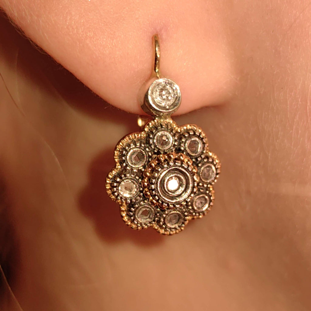 Art Deco 1920s Antique Vintage Natural Diamond in Silver Setting 14k Solid Yellow Rose Gold Statement Earrings