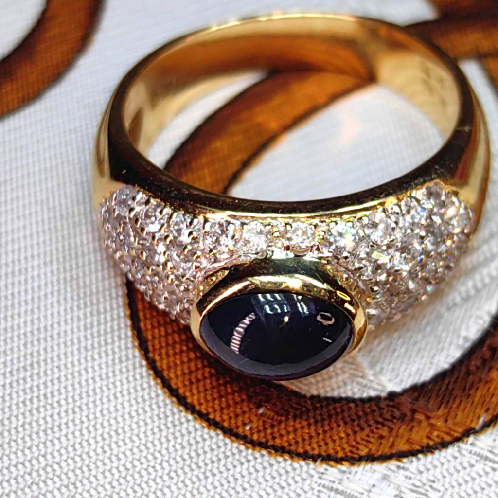 18k Gold Cabochon Sapphire & Diamond Ring - Unisex Statement
