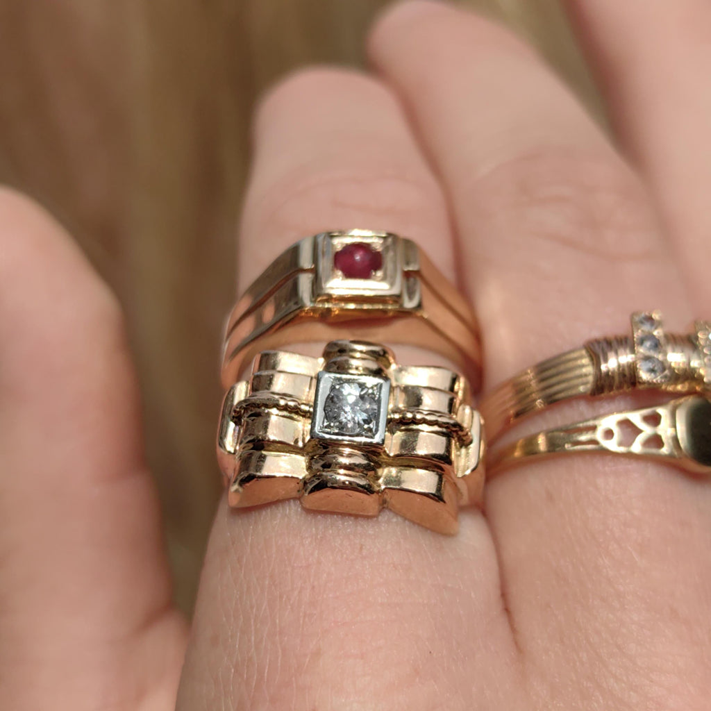 Art Deco Ruby Ring: 14K Yellow Gold Geometric Vintage Engagement