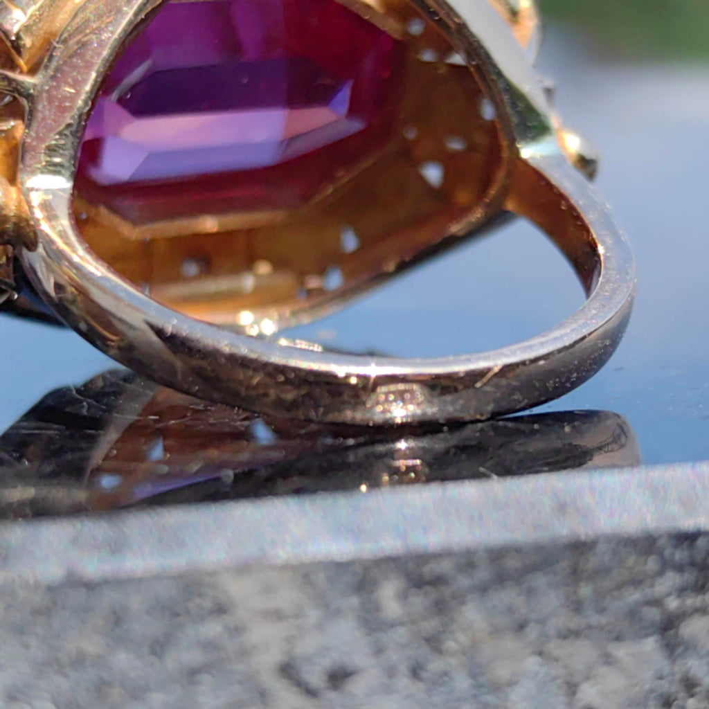 Art Deco 18k Yellow Gold Ring: Vintage Lab Grown Ruby and Diamond