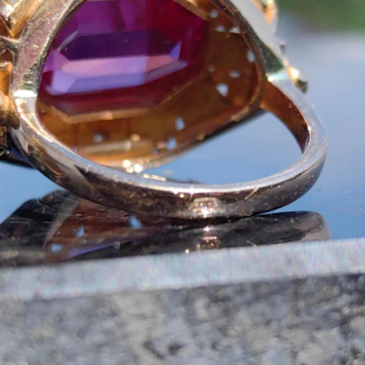 Art Deco 18k Yellow Gold Ring: Vintage Lab Grown Ruby and Diamond
