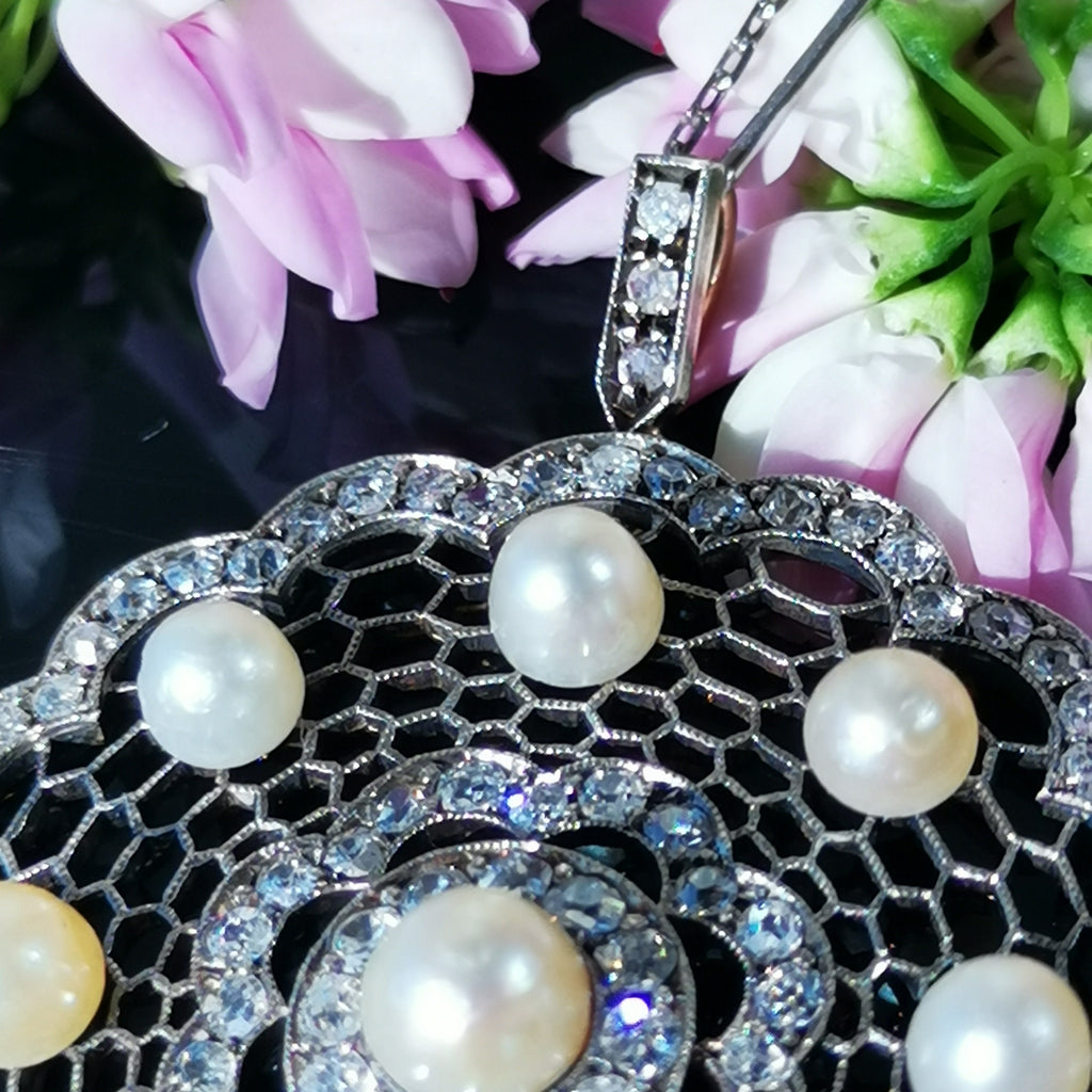 Edwardian 14K Solid Gold Natural Diamond Pearl Statement large Pendant  Antique Art Deco Filigree Handmade Gift for Her