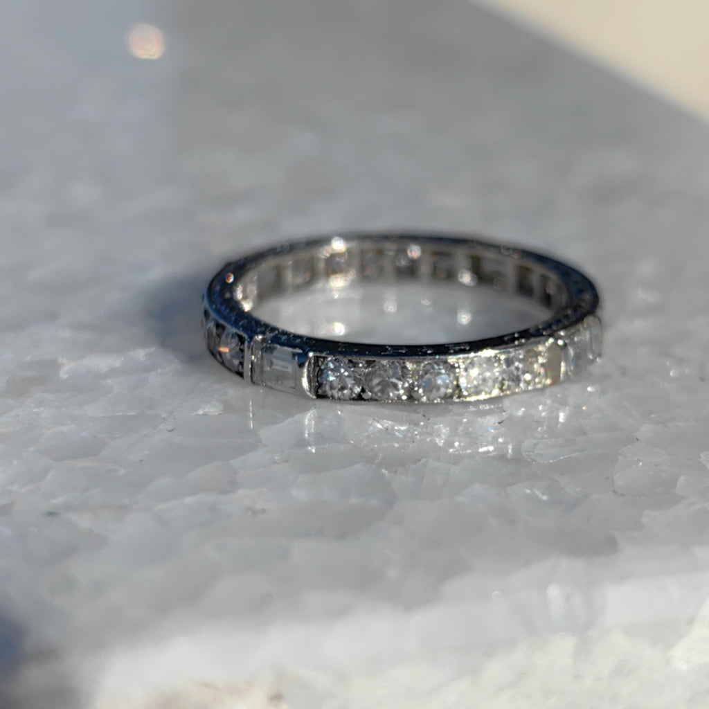 Art Deco Diamond Eternity Ring: 14K Gold Wedding Band, 1930s Floral Design
