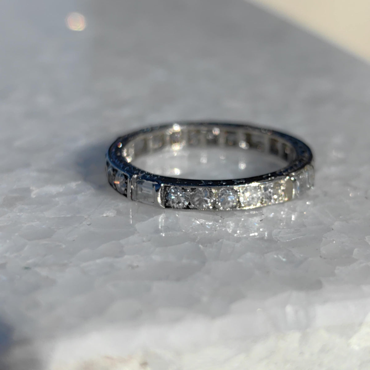 Art Deco Diamond Eternity Ring: 14K Gold Wedding Band, 1930s Floral Design