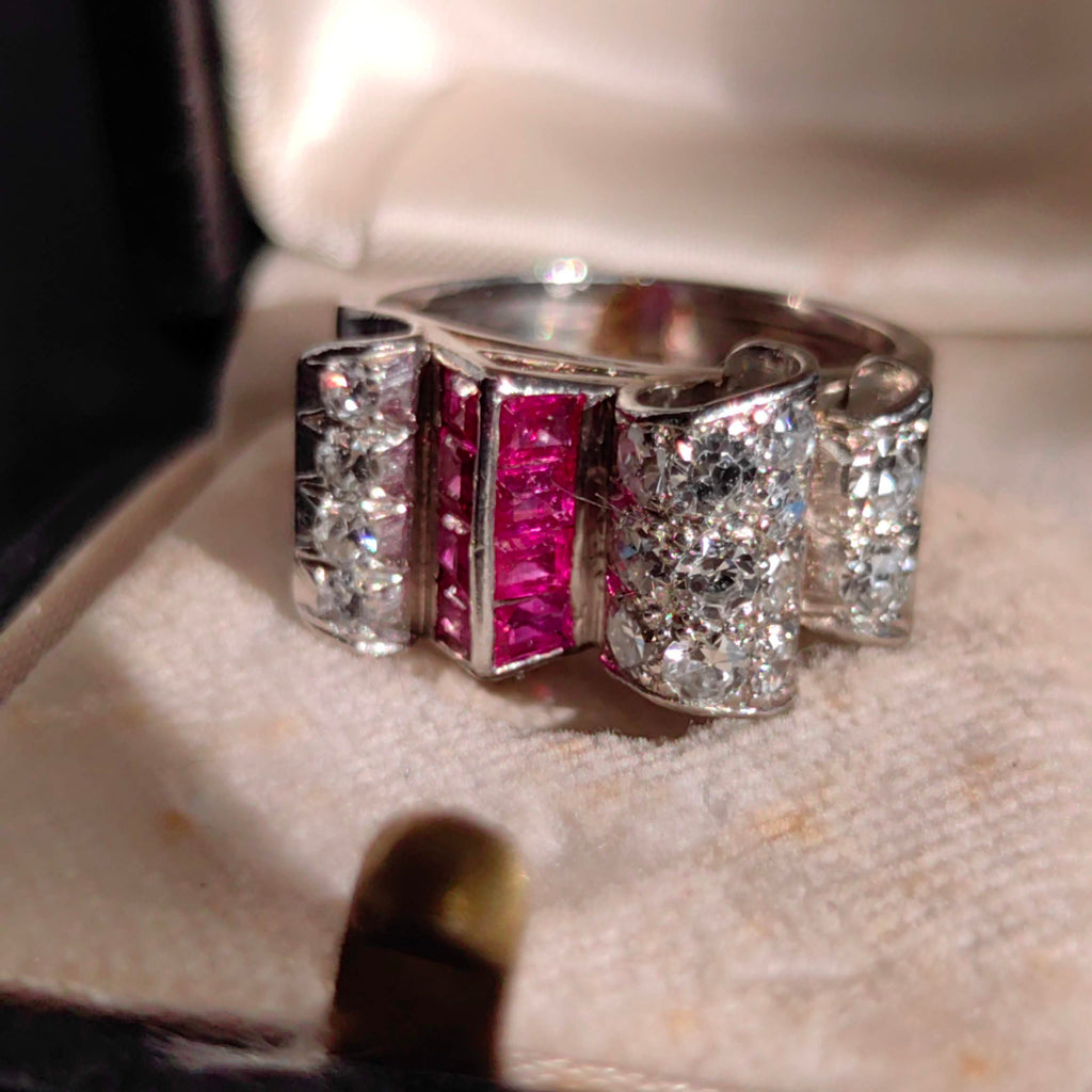 1930s Art Deco Platinum Ring: Ruby Diamond Chevalier Statement Ring