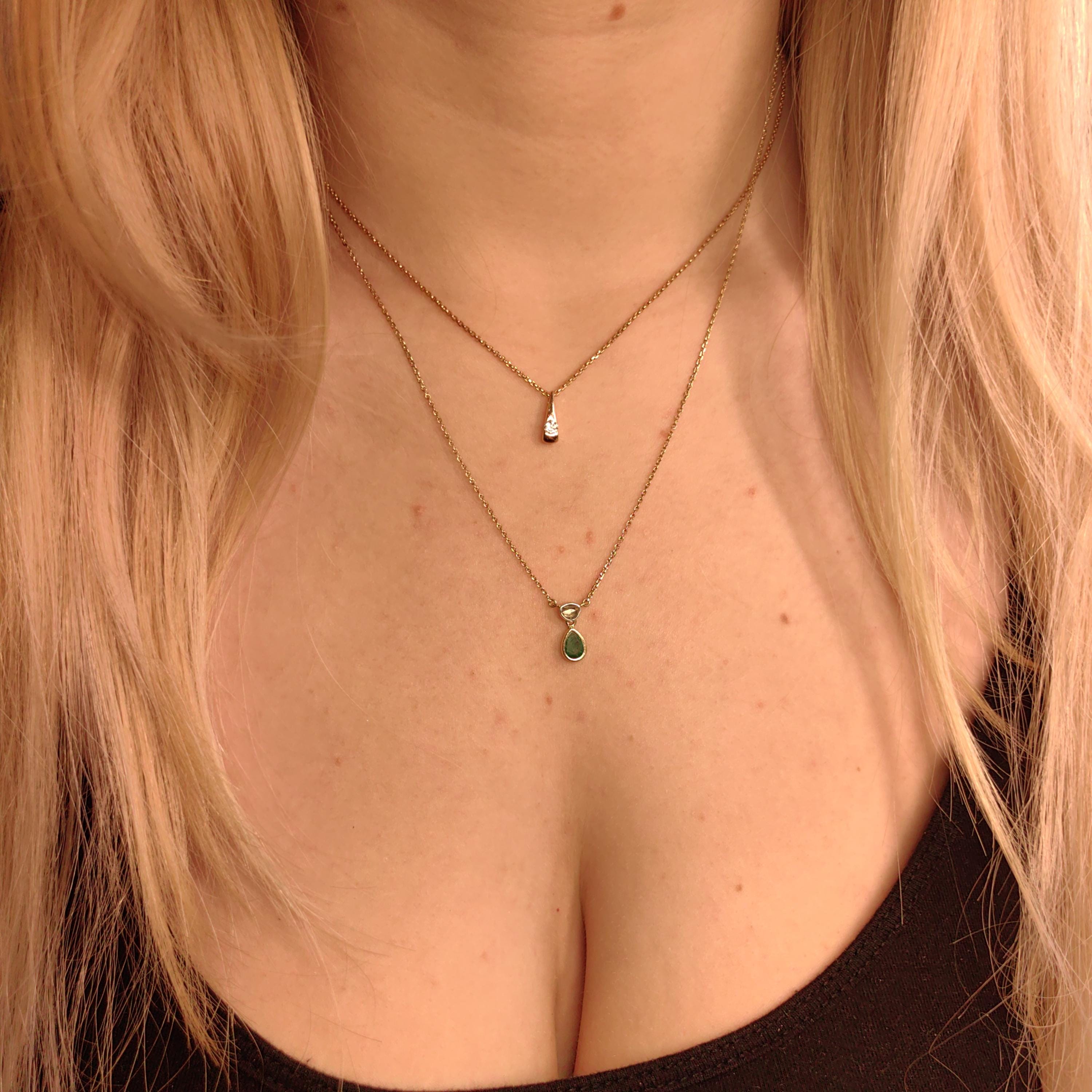 Genuine Emerald & Diamond Necklace Solid 18k Yellow Gold Drop Shaped Antique Vintage Pendant Charm Gift for Her Elegant Dainty Classic chain