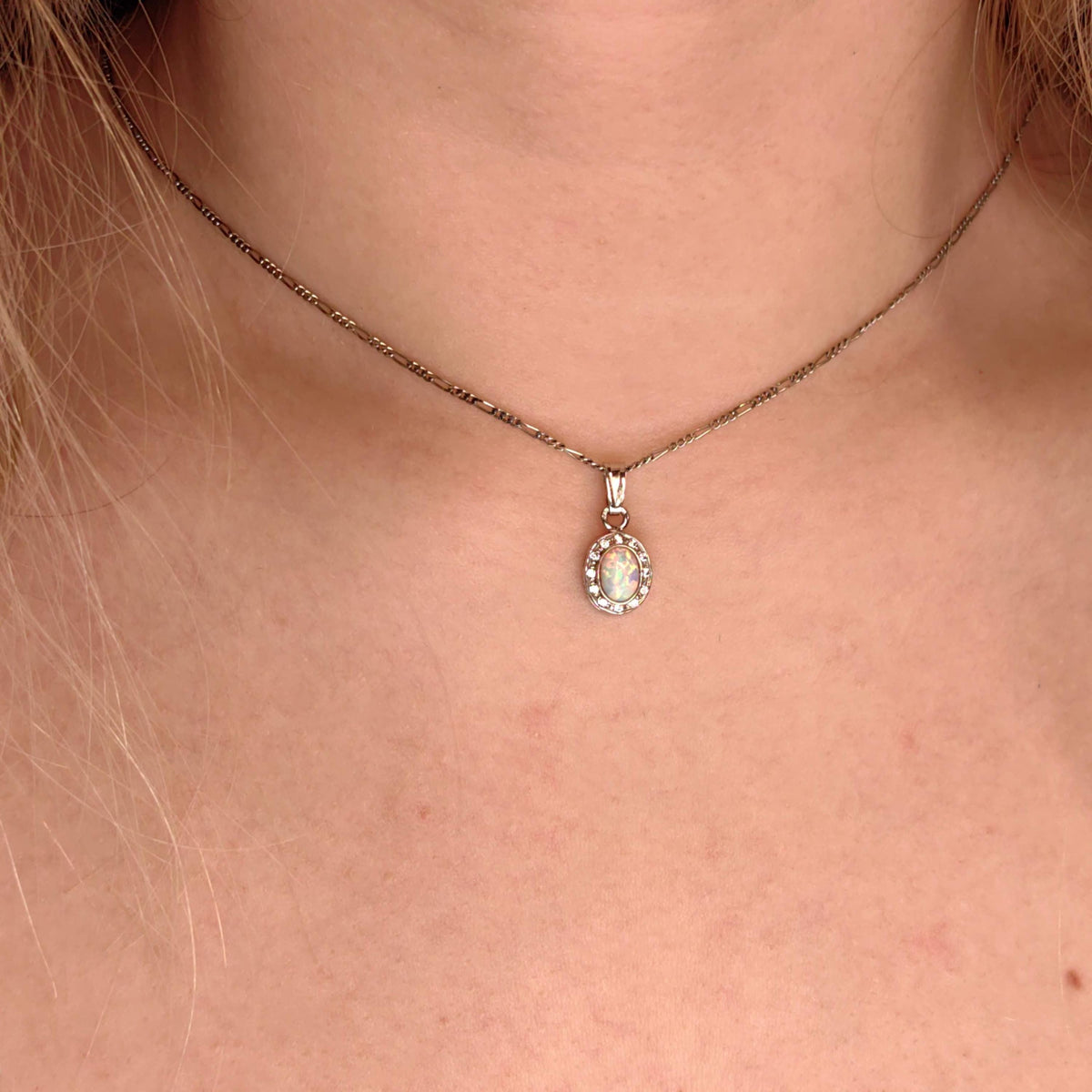 Natural Opal Solid 14k white Gold  Colorful  Stone Vintage Antique  Pendant, Dainty Cubic Zirconia Charm Elegant Gift for Her