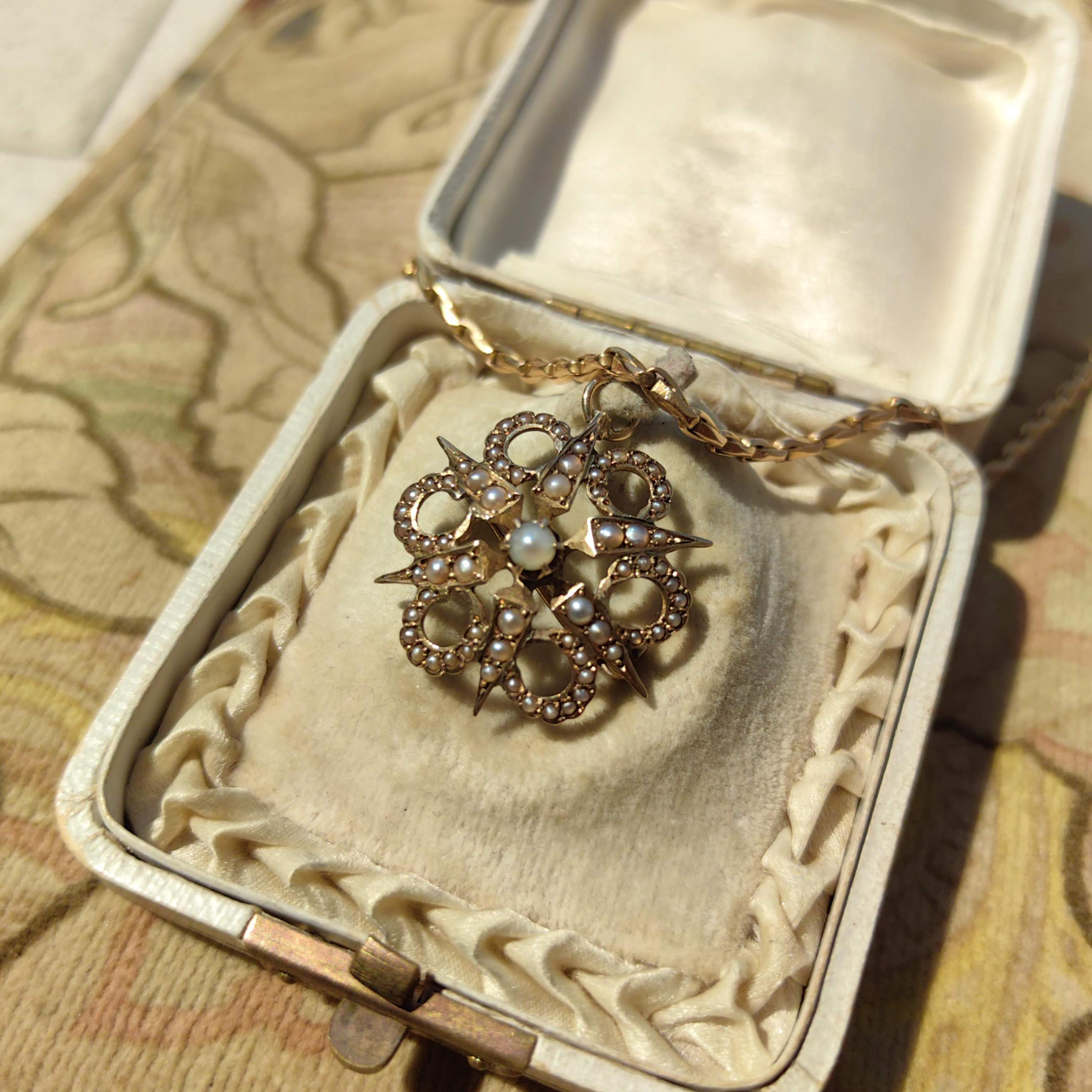 Victorian Pearl Star Pendant Brooch: 14K Yellow Gold Antique Jewelry