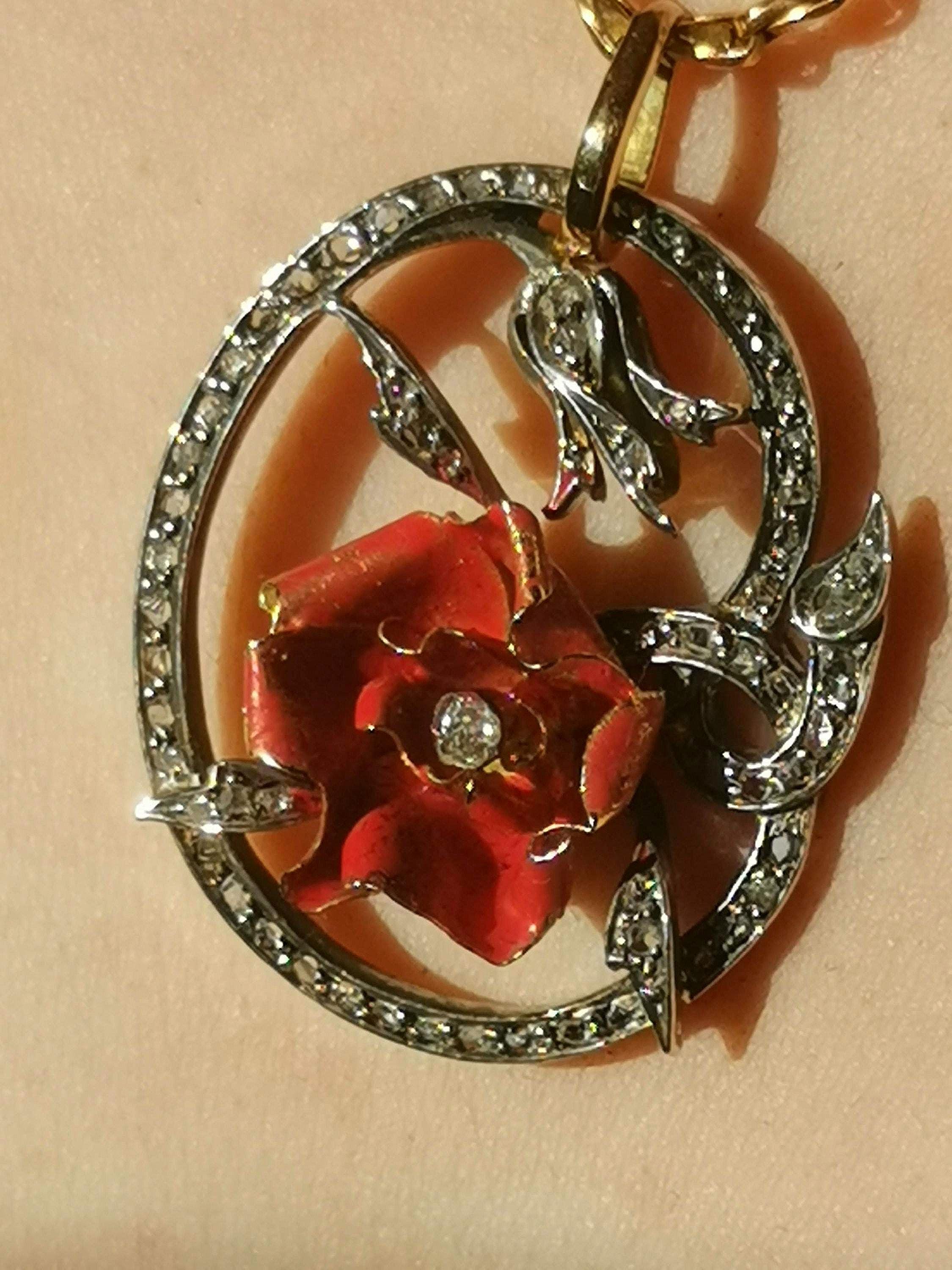 Antique Gold Poppy Flower Pendant Rose Cut Diamonds Red Hand Painted Enamel Art Nouveau Floral Vintage Charm