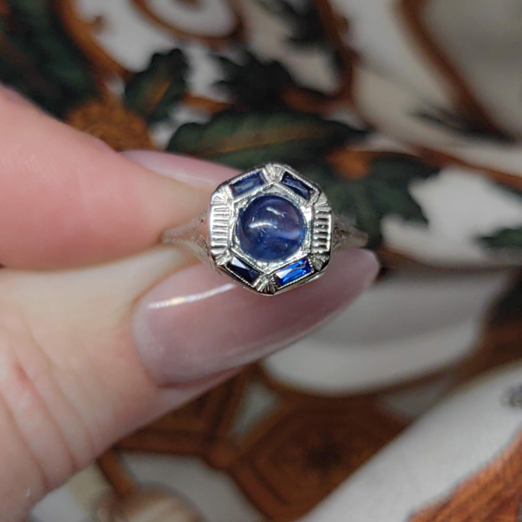 Vintage Art Deco 1920s Edwardian 14k Solid White Gold Natural Blue Star Sapphire Hand Chiselled Elegant Ring Gift for Her Present