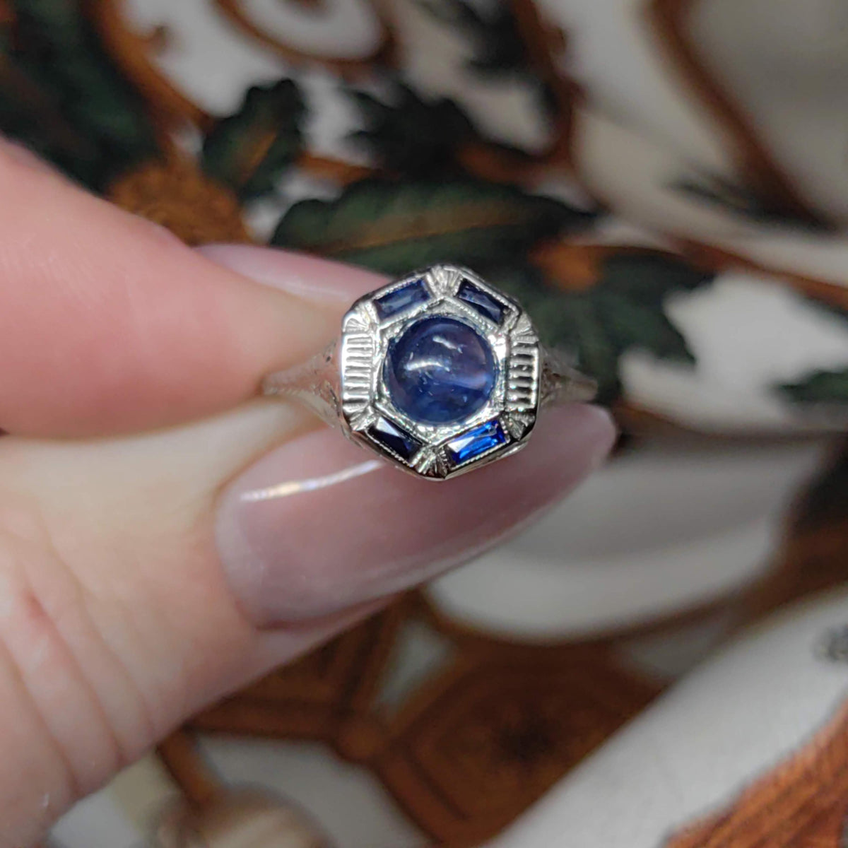 Vintage Art Deco 1920s Edwardian 14k Solid White Gold Natural Blue Star Sapphire Hand Chiselled Elegant Ring Gift for Her Present